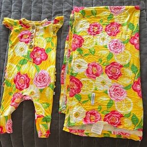 Posh Peanut Yellow and Pink Floral Romper Set and swaddle blanket. NEW